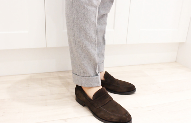 grey flannel trousers loafers