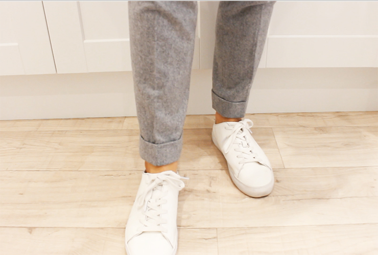 grey flannel trousers white sneakers