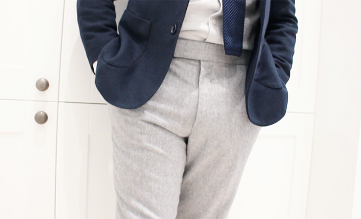 grey flannel trousers with navy blazer